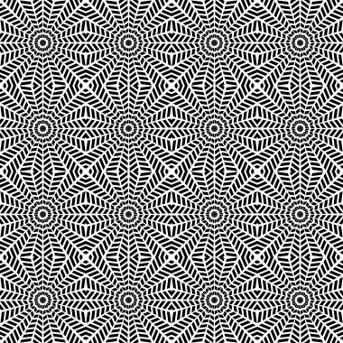 Soyut geometrik girdap kusursuz deseni hipnotize eder ve beyaz arkaplanda siyah ormanlar oluşturur. Web sayfası, dokular, kart, poster, kumaş, tekstil için şablon tasarımı. 