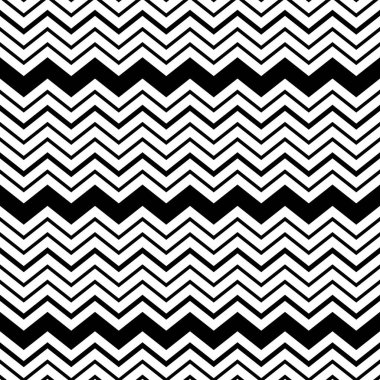 Siyah ve beyaz arka planda geometrik zigzag süsleme desenleri var. Stok vektör çizimi. Davetiye, kart, kumaş ve tekstil için şablon tasarımı.