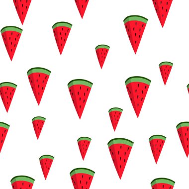 Beyaz arka planda karpuz dilimi olan kusursuz desen. Rengarenk meyveli yaz illüstrasyonu. Yemek konsepti. Davetiye, poster, kart, kumaş, tekstil için vektör baskısı.