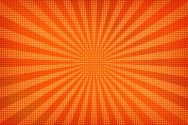 Pop Art Colory çizgi roman kapağı. Çizgili turuncu arka plan. Çizgi film komik retro desenli striptiz maketi. Vektör yarım ton çizimi. Güneş patlaması, yıldız patlaması şekli. Dijital arkaplan.