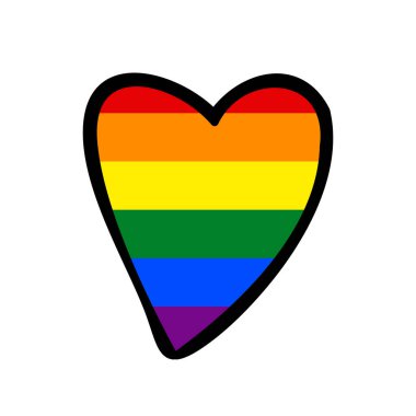Aşk ikonu kazanır. LGBT logo sembolü gökkuşağı bayrağı renklerinde. El çizimi kalp, beyaz arka planda izole. Şablon tasarımı, vektör çizimi. Eşcinsel gurur modeli. Güzel bayram afişi.. 