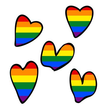 Aşk ikonları kazandırır. LGBT logo sembolü gökkuşağı bayrağı renklerinde. Beyaz arka planda izole edilmiş El çizilmiş kalpler. Şablon tasarımı, vektör çizimi. Eşcinsel gurur modeli. Güzel bayram afişi.. 