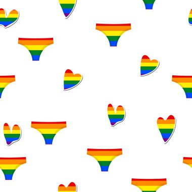 LGBT simgeleriyle kusursuz desen. Flag LGBT, kalpler, mayo. Şablon tasarımı, vektör çizimi. Aşk kazanır. Logo gökkuşağı sembolleri. Eşcinsel gurur koleksiyonu. Renkli Sancak.