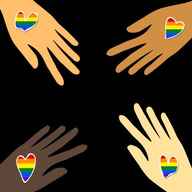 Siyah arka planda farklı renkte desenler. LGBT simgeleri. Flag LGBT, kalpler. Şablon tasarımı, vektör çizimi. Aşk kazanır. Logo gökkuşağı sembolleri. Eşcinsel gurur koleksiyonu. Renkli Sancak.