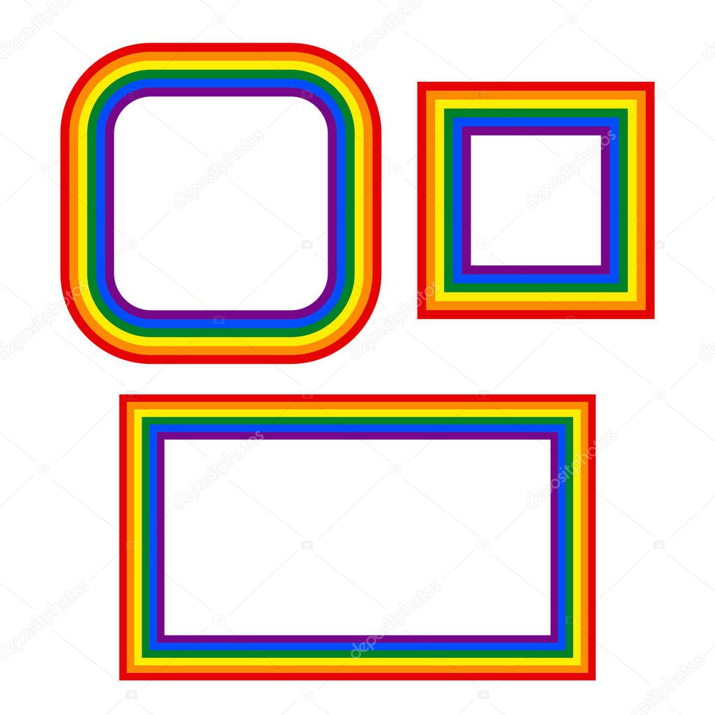 Flag LGBT icons, round and squared frames. Template border, vector illustration. Love wins. LGBT logo symbols in rainbow colors. Gay pride collection.