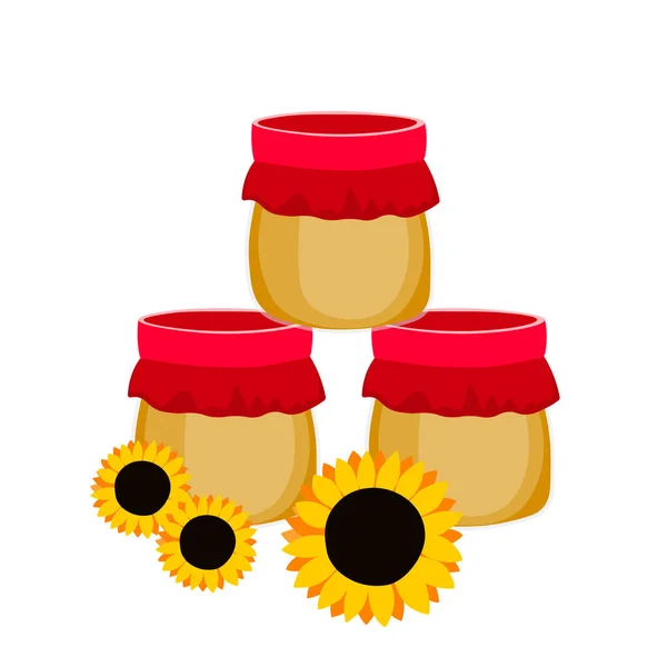 蜂蜜和花朵与白色背景隔离的罐子 橘红色向日葵卡通风格 模板图标 纺织品 横幅的设计 彩色平面矢量插图 — 图库矢量图片