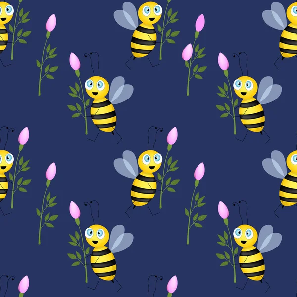 Безшовний Візерунок Бджолами Квітами Синьому Фоні Векторні Ілюстрації Чарівний Мультиплікаційний — стоковий вектор