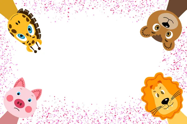 Banner with colorful cute animal face. Bear, giraffe, pig, lion. Copy space. Cartoon flat illustration. Happy birthday, holiday, baby shower celebration greeting and invitation card. Frame for kids.
