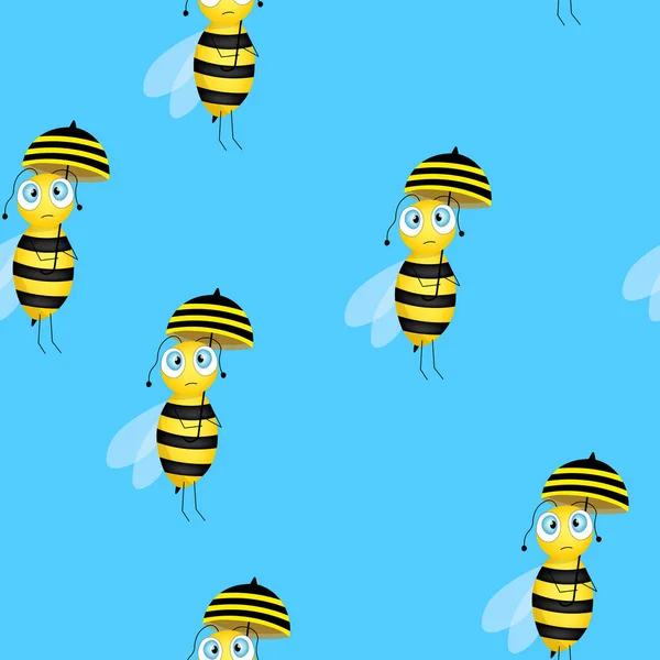 Płynny Wzór Pszczołami Niebieskim Tle Mała Osa Parasolem Ilustracja Wektora — Wektor stockowy