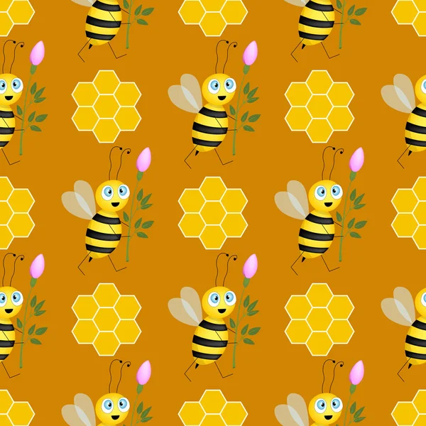 Απρόσκοπτη Μοτίβο Μέλισσες Και Κηρήθρες Καφέ Φόντο Μικρή Σφήκα Εικονογράφηση — Διανυσματικό Αρχείο