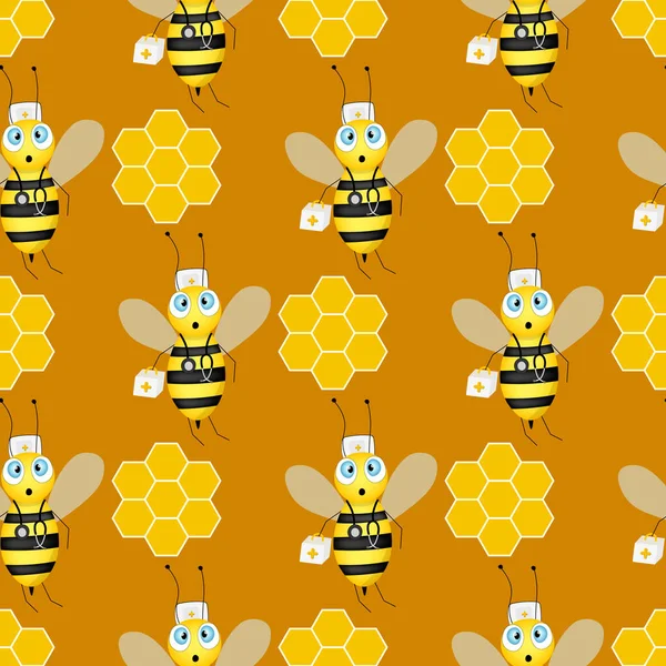 Płynny Wzór Pszczołami Plastrami Miodu Brązowym Tle Mała Osa Ilustracja — Wektor stockowy