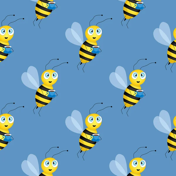 Бесшовный Рисунок Пчелами Синем Фоне Маленькая Оса Векторная Иллюстрация Симпатичный — стоковый вектор
