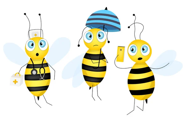 Set Cartoon Cute Bee Mascot Small Bees Flies Wasp Collection — Stock Vector