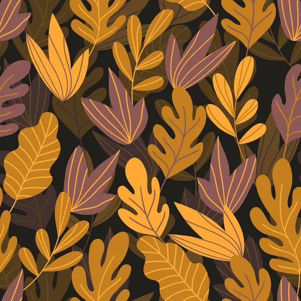 Florales Nahtloses Muster Mit Bunten Exotischen Blättern Auf Dunklem Hintergrund — Stockvektor