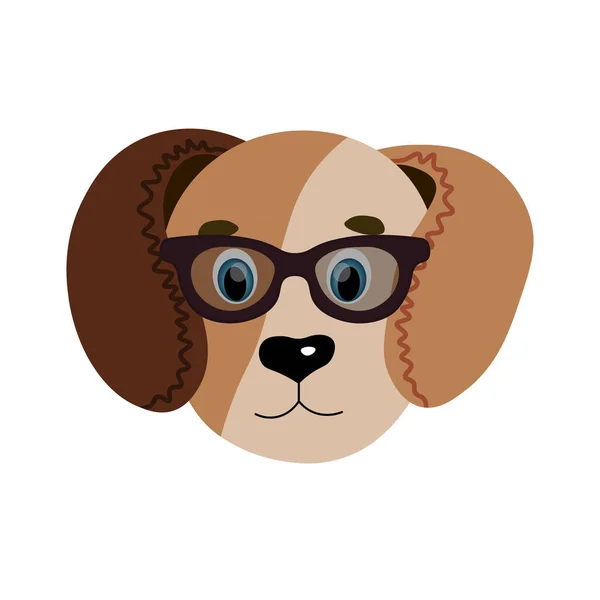 Colorful cute vector dog face in sunglasses. One object on a white background. Cartoon flat illustration. Emoji funny animal. Embarrassed smile emotion. Template icon. Logo, sticker.