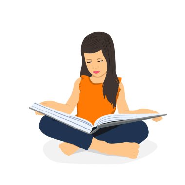 Küçük kız otururken bir kitap okuyor. Mesafe öğrenme. Evde eğitim. Ödev yapan liseli kız. Elinde kitap olan bir çocuk. Kitap geçişi.