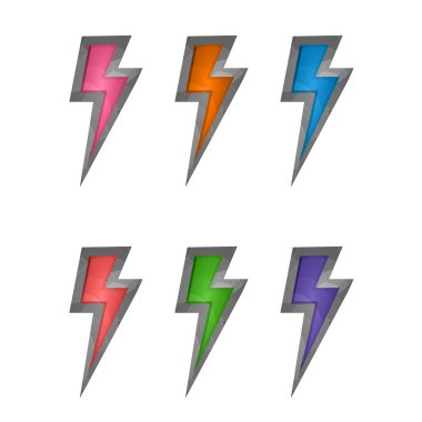 Oyun unsurları beyaz arkaplanda izole edildi. Bilgisayar oyunu için tasarım. Semboller ve simgeler. Oyun ve uygulama için koleksiyon düğmeleri. Farklı renkte yıldırım düğmesi. Çizgi film arayüzü.