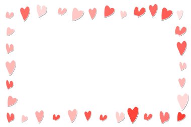 Kare çerçeveli pembe kalpler. Şablon tatil sınırı, vektör çizimi. Kart, kartpostal, poster, baskı, pankart için tasarım. Beyaz arkaplanda renkli kalpler.