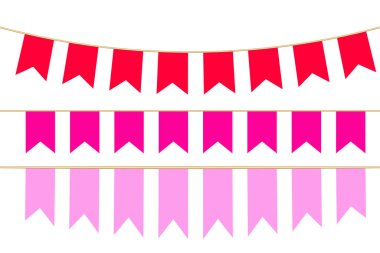 Beyaz arka planda izole edilmiş pembe bayrak seti. Kurdeleli vektör çizimi. İyi ki doğdun.