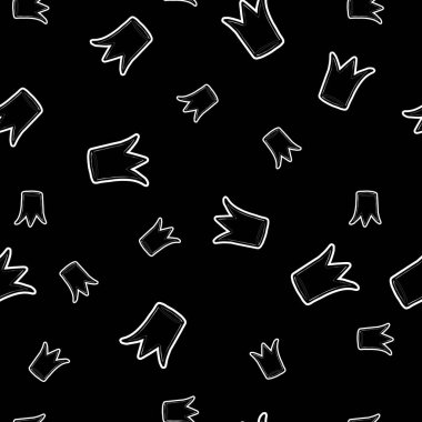 Siyah arka planda beyaz taç silueti olan kusursuz bir desen. Doodle vektör çizimi. Kraliçe kraliyet prenses sembolü. Kartlar, kumaş ve tekstil için tasarım.