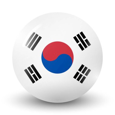 Kore bayraklı cam top. Yuvarlak küre, şablon simgesi. Kore ulusal sembolü. Parlak gerçekçi top, beyaz arkaplanda işaretlenmiş üç boyutlu soyut vektör çizimi. Büyük kabarcık. 