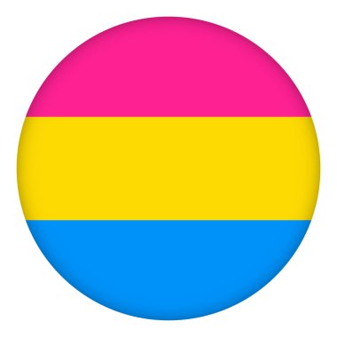 Bayrak panseksüel yuvarlak simge, yuvarlak rozet veya düğme. Şablon tasarımı, vektör çizimi. Aşk kazanır. Gökkuşağı renklerinde panseksüel logo simgesi çıkartması. Gurur koleksiyonu, aksesuar takımı.