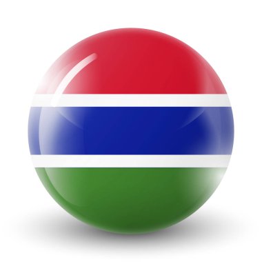 Gambiya bayraklı cam top. Yuvarlak küre, şablon simgesi. Gambiya ulusal sembolü. Parlak gerçekçi top, beyaz arkaplanda işaretlenmiş üç boyutlu soyut vektör çizimi. Büyük kabarcık.