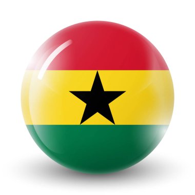 Gana bayrağıyla cam ışıklı top. Yuvarlak küre, şablon simgesi. Ganaian ulusal sembolü. Parlak gerçekçi top, beyaz arkaplanda işaretlenmiş üç boyutlu soyut vektör çizimi. Büyük kabarcık.