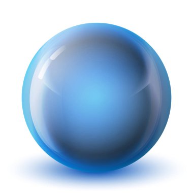 Cam mavi top ya da değerli inci. Parlak gerçekçi top, beyaz arkaplanda işaretlenmiş üç boyutlu soyut vektör çizimi. Gölgeli büyük metal baloncuk.