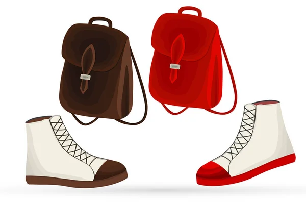 Mochila Botas Estilo Plano Conjunto Com Sacos Couro Sapatos Acessório — Vetor de Stock