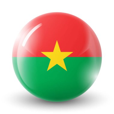 Burkina Faso bayraklı cam top. Yuvarlak küre, şablon simgesi. Ulusal sembol. Parlak gerçekçi top, beyaz arkaplanda işaretlenmiş üç boyutlu soyut vektör çizimi. Büyük kabarcık.