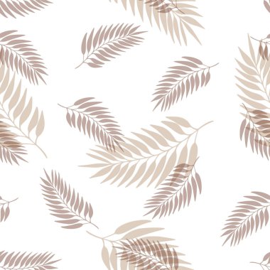 Beyaz arka planda renkli egzotik yaprakları olan dikişsiz bir sonbahar deseni. Tropik kahverengi dallar. Duvar kağıdı, poster, kart, kumaş ve tekstil için moda vektör stoku çizimi.