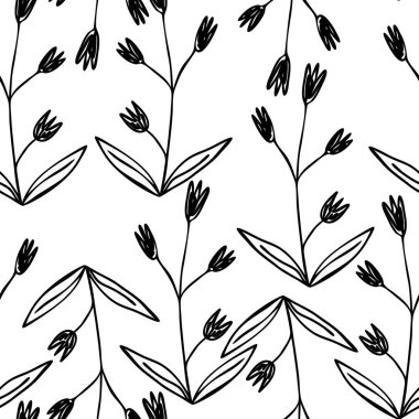 Beyaz arka planda dalları olan dikişsiz çiçek deseni. Tropik yapraklarla, filizlerle süslenmiş. Kumaş, tekstil, duvar kağıdı, posterler, kağıt için vektör çizimi. Moda baskısı. Doodle tarzı.