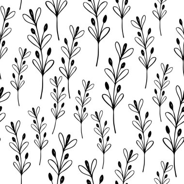 Beyaz arka planda dalları olan dikişsiz çiçek deseni. Tropik yapraklarla, filizlerle süslenmiş. Kumaş, tekstil, duvar kağıdı, posterler, kağıt için vektör çizimi. Moda baskısı. Doodle tarzı.