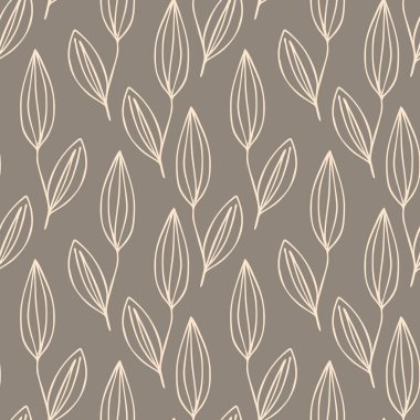 Çiçeksiz desenli, bej arka planda dalları var. Tropik yapraklarla, filizlerle süslenmiş. Kumaş, tekstil, duvar kağıdı, posterler, kağıt için vektör çizimi. Moda baskısı Doodle tarzı.