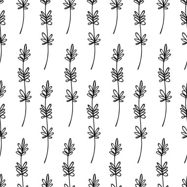 Beyaz arka planda dalları olan dikişsiz çiçek deseni. Tropik yapraklarla, filizlerle süslenmiş. Kumaş, tekstil, duvar kağıdı, posterler, kağıt için vektör çizimi. Moda baskısı. Doodle tarzı.