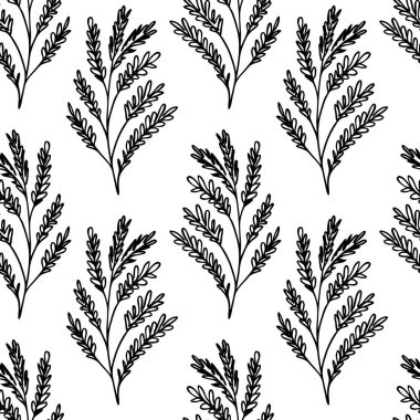 Beyaz arka planda dalları olan dikişsiz çiçek deseni. Tropik yapraklarla, filizlerle süslenmiş. Kumaş, tekstil, duvar kağıdı, posterler, kağıt için vektör çizimi. Moda baskısı. Doodle tarzı.