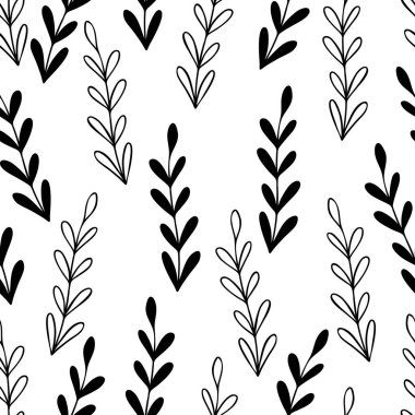 Beyaz arka planda dalları olan dikişsiz çiçek deseni. Tropik yapraklarla, filizlerle süslenmiş. Kumaş, tekstil, duvar kağıdı, posterler, kağıt için vektör çizimi. Moda baskısı. Doodle tarzı.