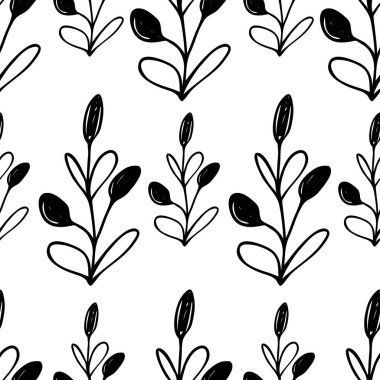 Beyaz arka planda dalları olan dikişsiz çiçek deseni. Tropik yapraklarla, filizlerle süslenmiş. Kumaş, tekstil, duvar kağıdı, posterler, kağıt için vektör çizimi. Moda baskısı. Doodle tarzı.