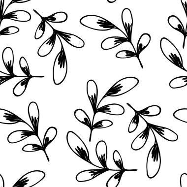 Beyaz arka planda dalları olan dikişsiz çiçek deseni. Tropik yapraklarla, filizlerle süslenmiş. Kumaş, tekstil, duvar kağıdı, posterler, kağıt için vektör çizimi. Moda baskısı. Doodle tarzı.