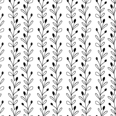 Beyaz arka planda dalları olan dikişsiz çiçek deseni. Tropik yapraklarla, filizlerle süslenmiş. Kumaş, tekstil, duvar kağıdı, posterler, kağıt için vektör çizimi. Moda baskısı. Doodle tarzı.