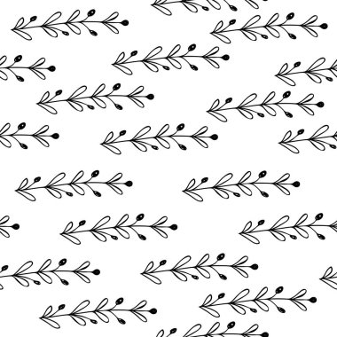 Beyaz arka planda dalları olan dikişsiz çiçek deseni. Tropik yapraklarla, filizlerle süslenmiş. Kumaş, tekstil, duvar kağıdı, posterler, kağıt için vektör çizimi. Moda baskısı. Doodle tarzı.