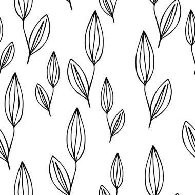 Beyaz arka planda dalları olan dikişsiz çiçek deseni. Tropik yapraklarla, filizlerle süslenmiş. Kumaş, tekstil, duvar kağıdı, posterler, kağıt için vektör çizimi. Moda baskısı. Doodle tarzı.