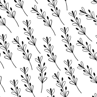 Beyaz arka planda dalları olan dikişsiz çiçek deseni. Tropik yapraklarla, filizlerle süslenmiş. Kumaş, tekstil, duvar kağıdı, posterler, kağıt için vektör çizimi. Moda baskısı. Doodle tarzı.