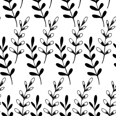 Beyaz arka planda dalları olan dikişsiz çiçek deseni. Tropik yapraklarla, filizlerle süslenmiş. Kumaş, tekstil, duvar kağıdı, posterler, kağıt için vektör çizimi. Moda baskısı. Doodle tarzı.