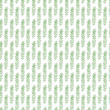 Beyaz zemin üzerinde yeşil filizler olan yay pürüzsüz desen. Kumaş, tekstil, duvar kağıdı, posterler, kağıt için vektör stok çizimi. Moda baskısı. Yapraklı dal. Doodle tarzı.