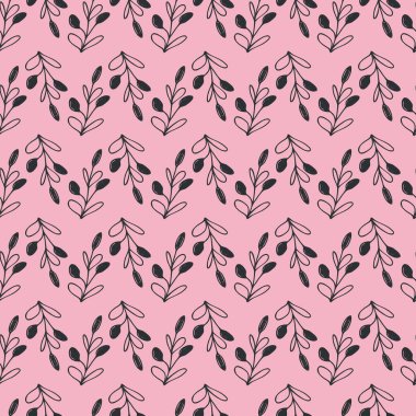 Pembe arka planda gri filizler olan yay pürüzsüz desen. Kumaş, tekstil, duvar kağıdı, posterler, kağıt için vektör stok çizimi. Moda baskısı. Yapraklı dal. Doodle tarzı.