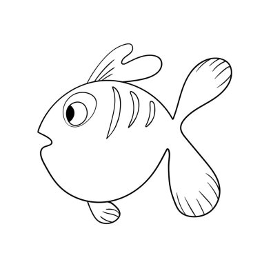 Çizgi filmlerdeki şirin balıklar. El çizimi ana hatları boyama resimleri. İzole eşyalar. Çocuk boyası ve parmak izi için uygun. Kart için sevimli bir karakter, anaokulu. Stok vektör illüstrasyonu.