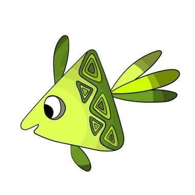 Beyaz arka planda izole edilmiş şirin renkli balıklar. Vektör karikatür hayvan çizimi. Kart, duvar kağıdı, tekstil ve kumaş için el çizimi harika bir karakter. Düz stil. Dekoratif şablon simgesi.