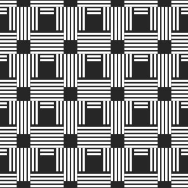 Web sayfası, dokular, kart, poster, kumaş ve tekstil için soyut siyah beyaz desen. Monokrom grafik yinelenen tasarım. Modern minimalist stil kare süslemesi.